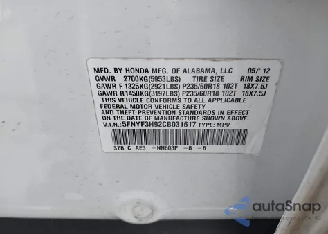 2012 Honda Pilot Touring from USA, damaged, VIN 5FNYF3H92CB031617
